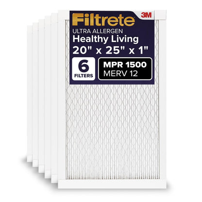 Filtrete AC Furnace Air Filter, MERV 12, MPR 1500, CERTIFIED asthma & allergy friendly, 3 Month Pleated 1-Inch Electrostatic Air Cleaning Filter, 6-Pack