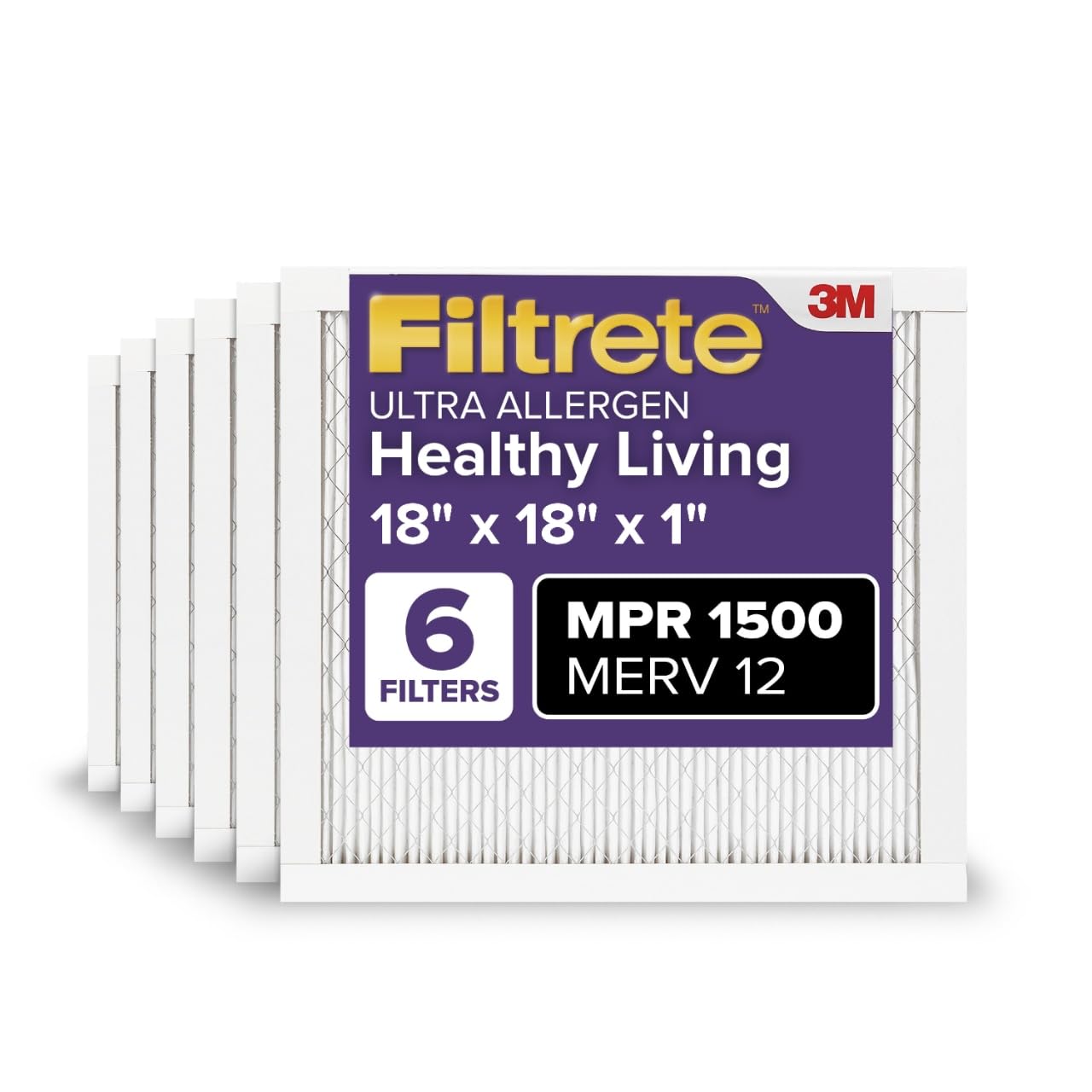 Filtrete AC Furnace Air Filter, MERV 12, MPR 1500, CERTIFIED asthma & allergy friendly, 3 Month Pleated 1-Inch Electrostatic Air Cleaning Filter, 6-Pack