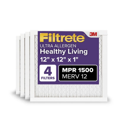 Filtrete AC Furnace Air Filter, MERV 12, MPR 1500, CERTIFIED asthma & allergy friendly, 3 Month Pleated 1-Inch Electrostatic Air Cleaning Filter, 4-Pack
