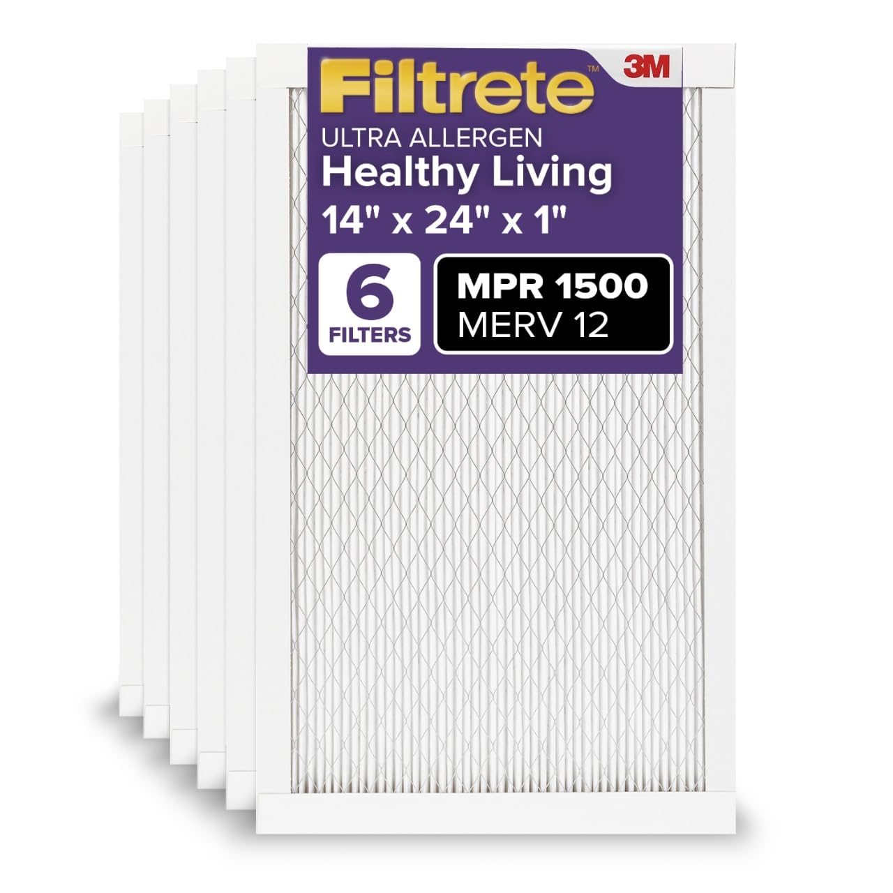 Filtrete AC Furnace Air Filter, MERV 12, MPR 1500, CERTIFIED asthma & allergy friendly, 3 Month Pleated 1-Inch Electrostatic Air Cleaning Filter, 6-Pack