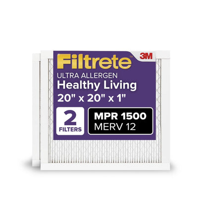 Filtrete AC Furnace Air Filter, MERV 12, MPR 1500, CERTIFIED asthma & allergy friendly, 3 Month Pleated 1-Inch Electrostatic Air Cleaning Filter, 2-Pack