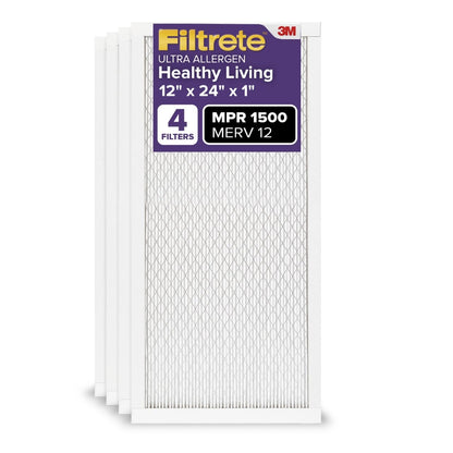 Filtrete AC Furnace Air Filter, MERV 12, MPR 1500, CERTIFIED asthma & allergy friendly, 3 Month Pleated 1-Inch Electrostatic Air Cleaning Filter, 4-Pack