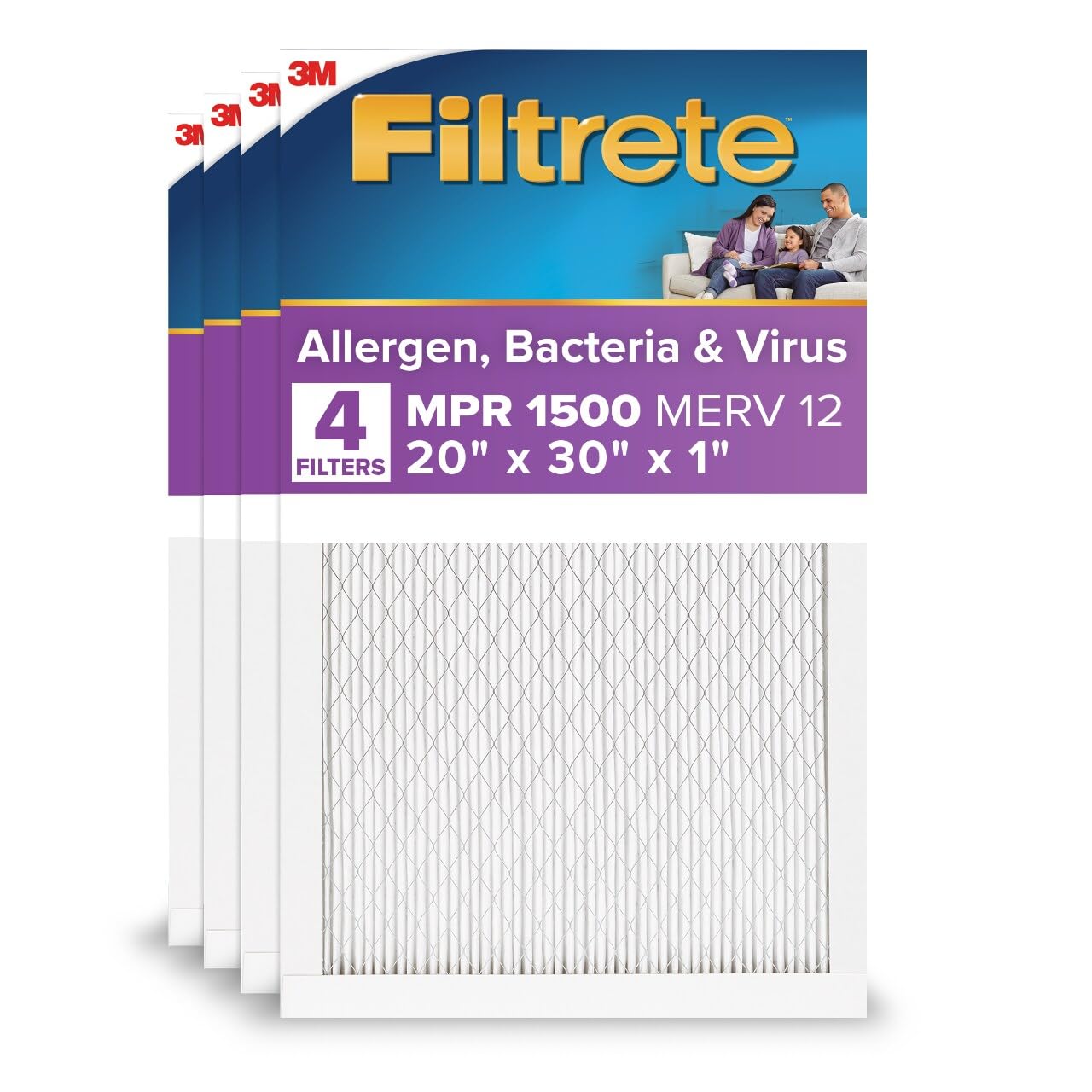 Filtrete AC Furnace Air Filter, MERV 12, MPR 1500, CERTIFIED asthma & allergy friendly, 3 Month Pleated 1-Inch Electrostatic Air Cleaning Filter, 4-Pack