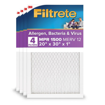 Filtrete AC Furnace Air Filter, MERV 12, MPR 1500, CERTIFIED asthma & allergy friendly, 3 Month Pleated 1-Inch Electrostatic Air Cleaning Filter, 4-Pack