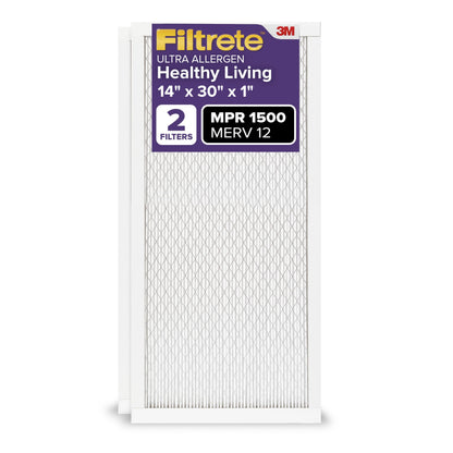 Filtrete AC Furnace Air Filter, MERV 12, MPR 1500, CERTIFIED asthma & allergy friendly, 3 Month Pleated 1-Inch Electrostatic Air Cleaning Filter, 2-Pack