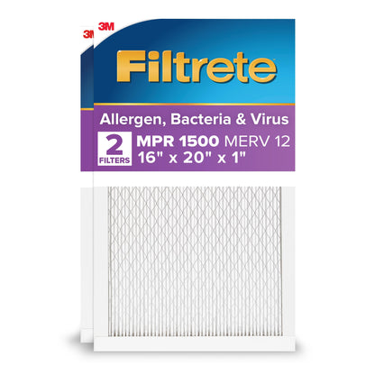 Filtrete AC Furnace Air Filter, MERV 12, MPR 1500, CERTIFIED asthma & allergy friendly, 3 Month Pleated 1-Inch Electrostatic Air Cleaning Filter, 2-Pack