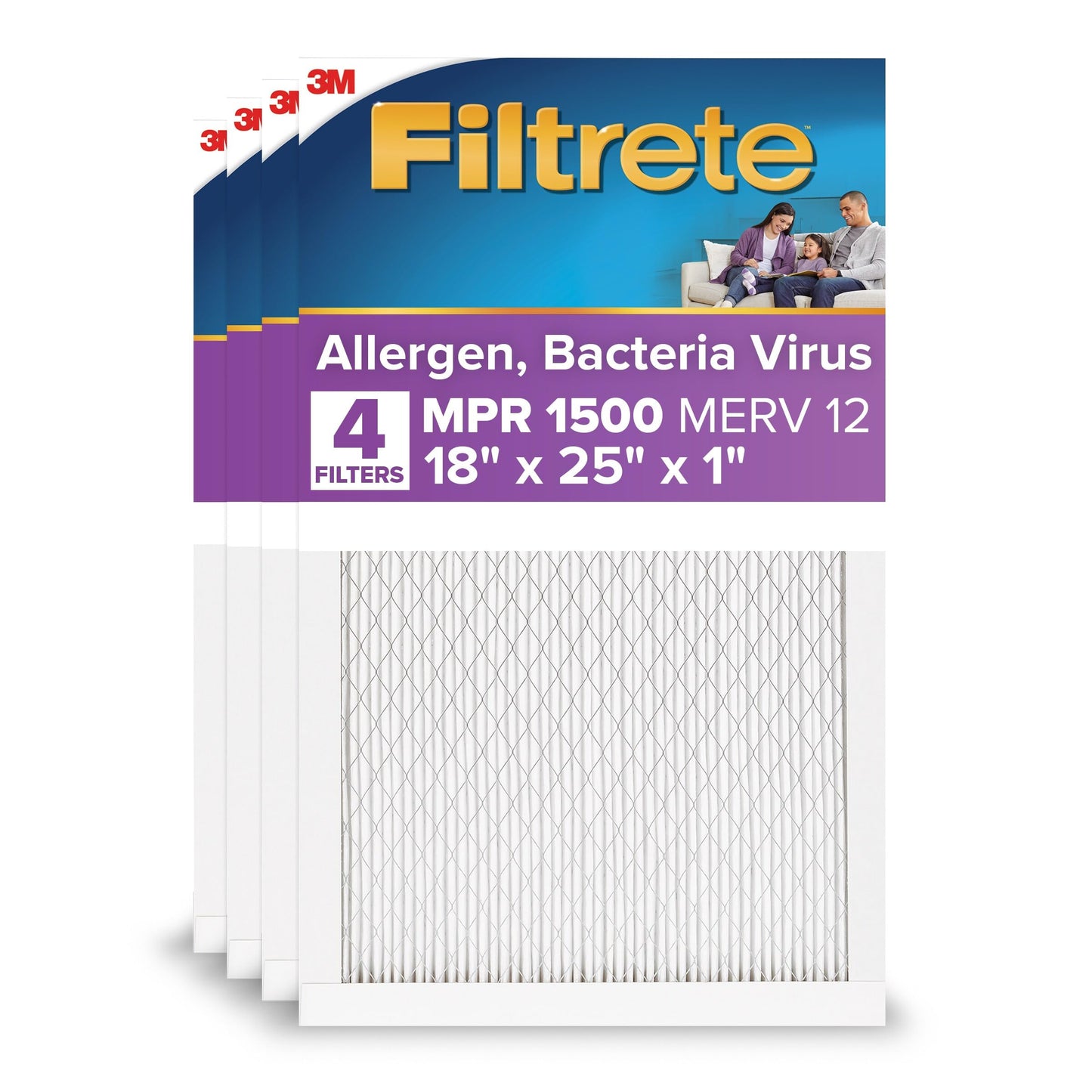 Filtrete AC Furnace Air Filter, MERV 12, MPR 1500, CERTIFIED asthma & allergy friendly, 3 Month Pleated 1-Inch Electrostatic Air Cleaning Filter, 4-Pack