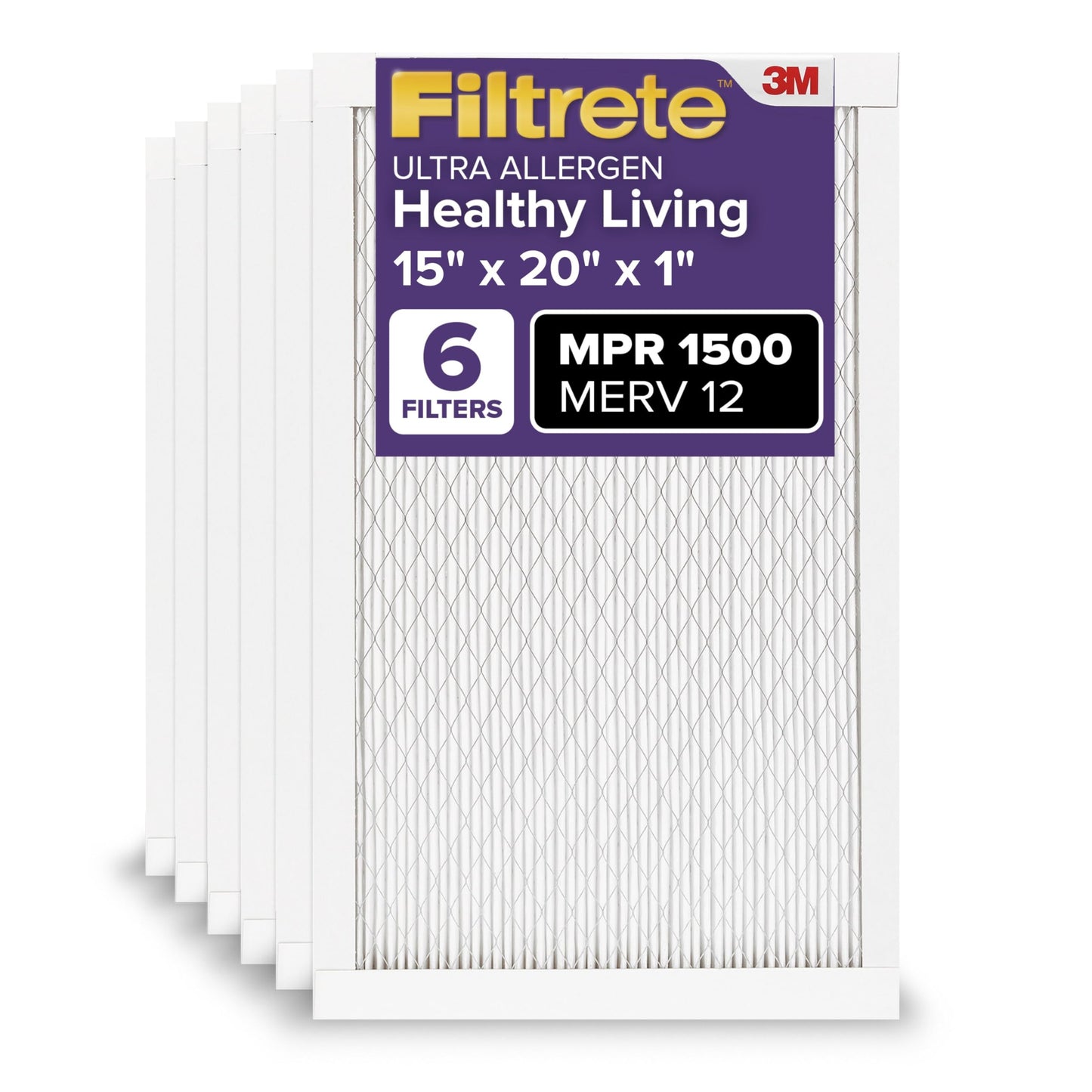 Filtrete AC Furnace Air Filter, MERV 12, MPR 1500, CERTIFIED asthma & allergy friendly, 3 Month Pleated 1-Inch Electrostatic Air Cleaning Filter, 6-Pack