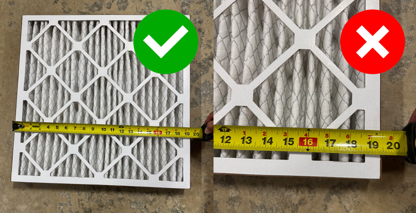 Example photo of an HVAC filter being measured with a tape measure to document a sizing issue