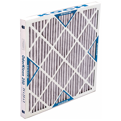 Koch OdorKleen 250 CarbonWeb MERV 8 high-capacity carbon particulate pleated panel filter, 250 gsm carbon plus potassium permanganate alumina for heavy VOC and gas-phase contaminant loads, beverage board frame with cross-member, per Koch PB-1201
