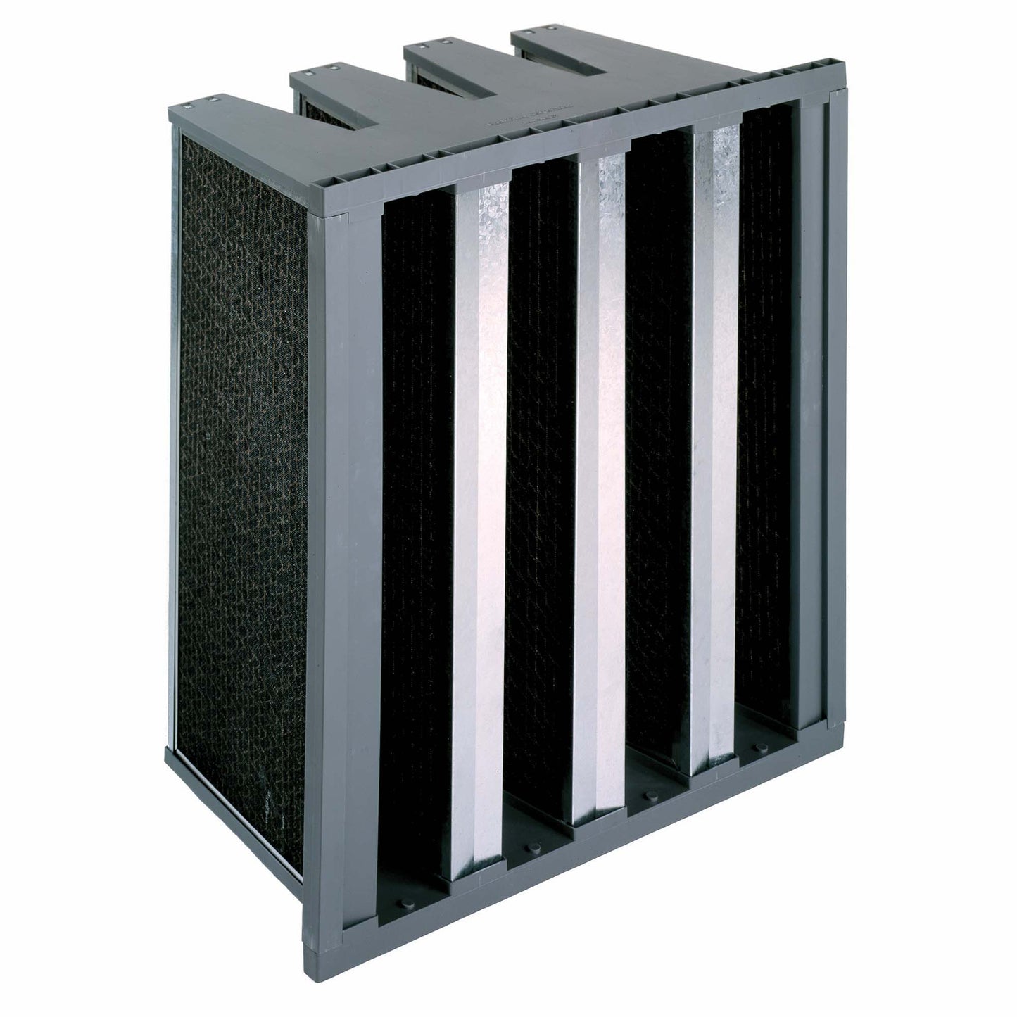 Koch DuraPure Standard Capacity extended surface V-cell activated carbon filter, 12-inch deep, premium granular 60 percent activated coconut shell carbon, plastic and metal frame with single or double header configuration, 5 lbs solvent capacity per filter, per Koch bulletin K-397-B