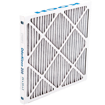 Koch OdorKleen 200/M13 MERV 13 high-capacity carbon particulate pleated panel filter, 200 gsm activated carbon and MERV 13 polyester filtration layer for ammonia, formaldehyde, SO2, and H2S removal plus fine particulate capture, recyclable beverage board frame with cross-member, UL 900 classified