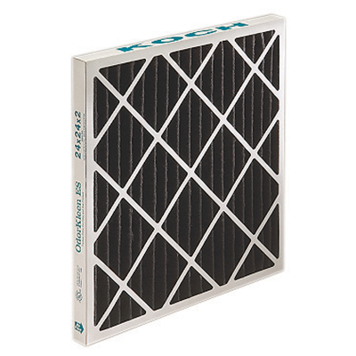 Koch OdorKleen ES MERV 8 carbon particulate pleated panel filter, two-ply media with mechanical upstream layer and carbon-impregnated downstream layer for VOC and odor removal, beverage board frame, per Koch bulletin