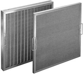 Koch Permanent Aluminum Washable Filter, metal-frame reusable air filter for HVAC and commercial kitchen exhaust grease applications, per Koch K985-A. (Photo shows optional bail handles; filters ship without handles by default.)