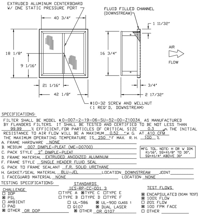AAF Flanders Filter F0900196 HEPA 0-007-2-19-06-SU-52-00-Z10034