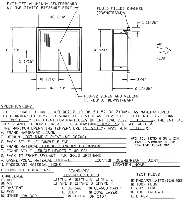 AAF Flanders Filter F0901370 HEPA 0-007-2-19-06-SU-52-00-Z10064