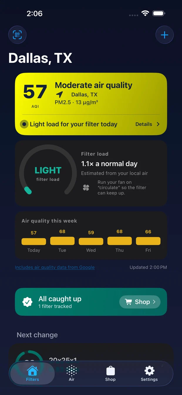 The Remember the Filter app home screen: local air quality, today’s filter load, and this week’s air.
